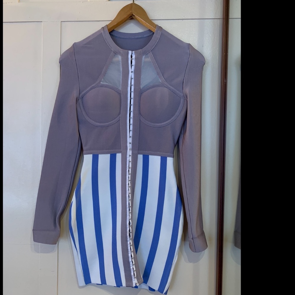 Brand New never worn grey/ blue and white pinstriped bandaged dress